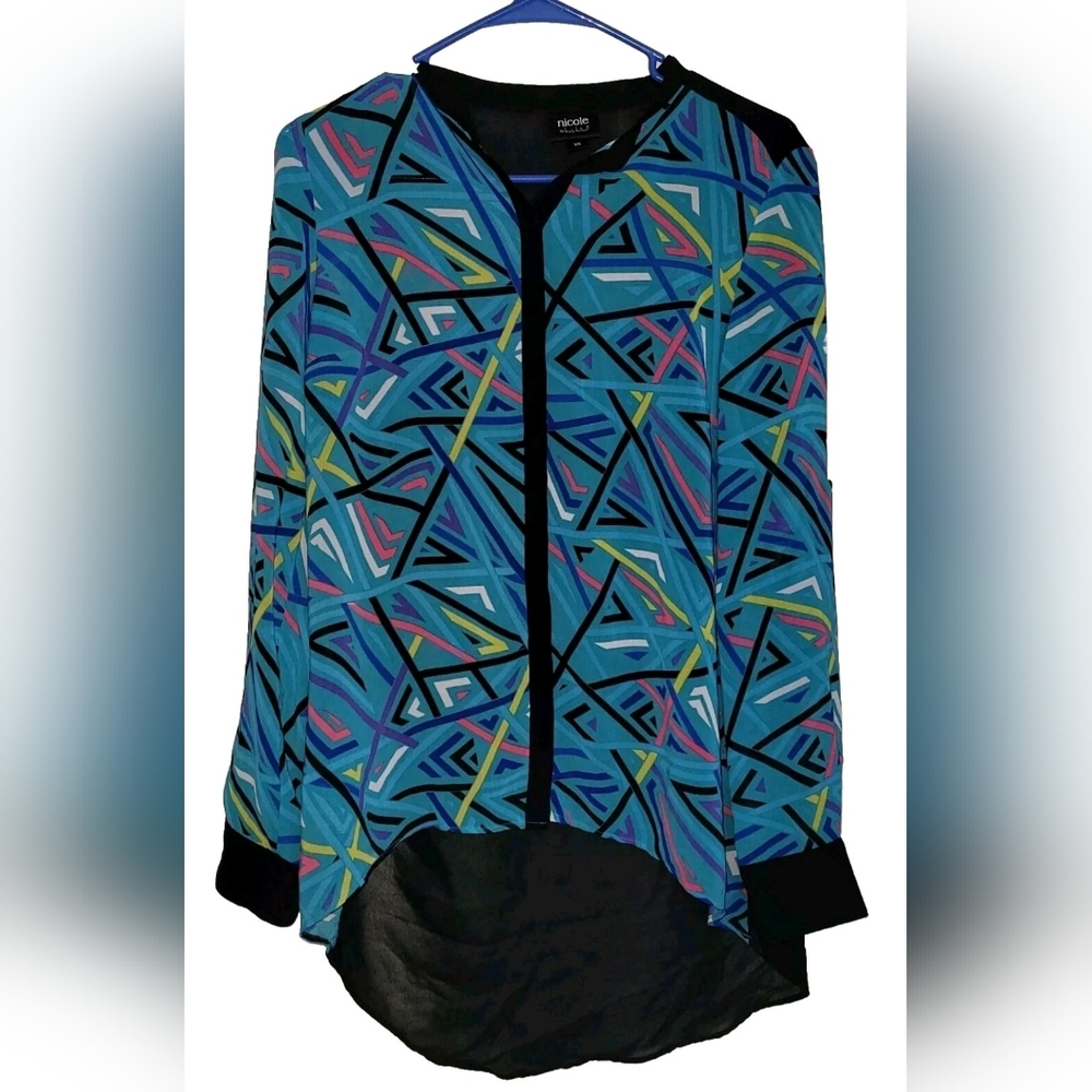 Nicole Multicolored Roll Tab Button Up Blouse Flowy Hi Low Hem Size Xsmall
